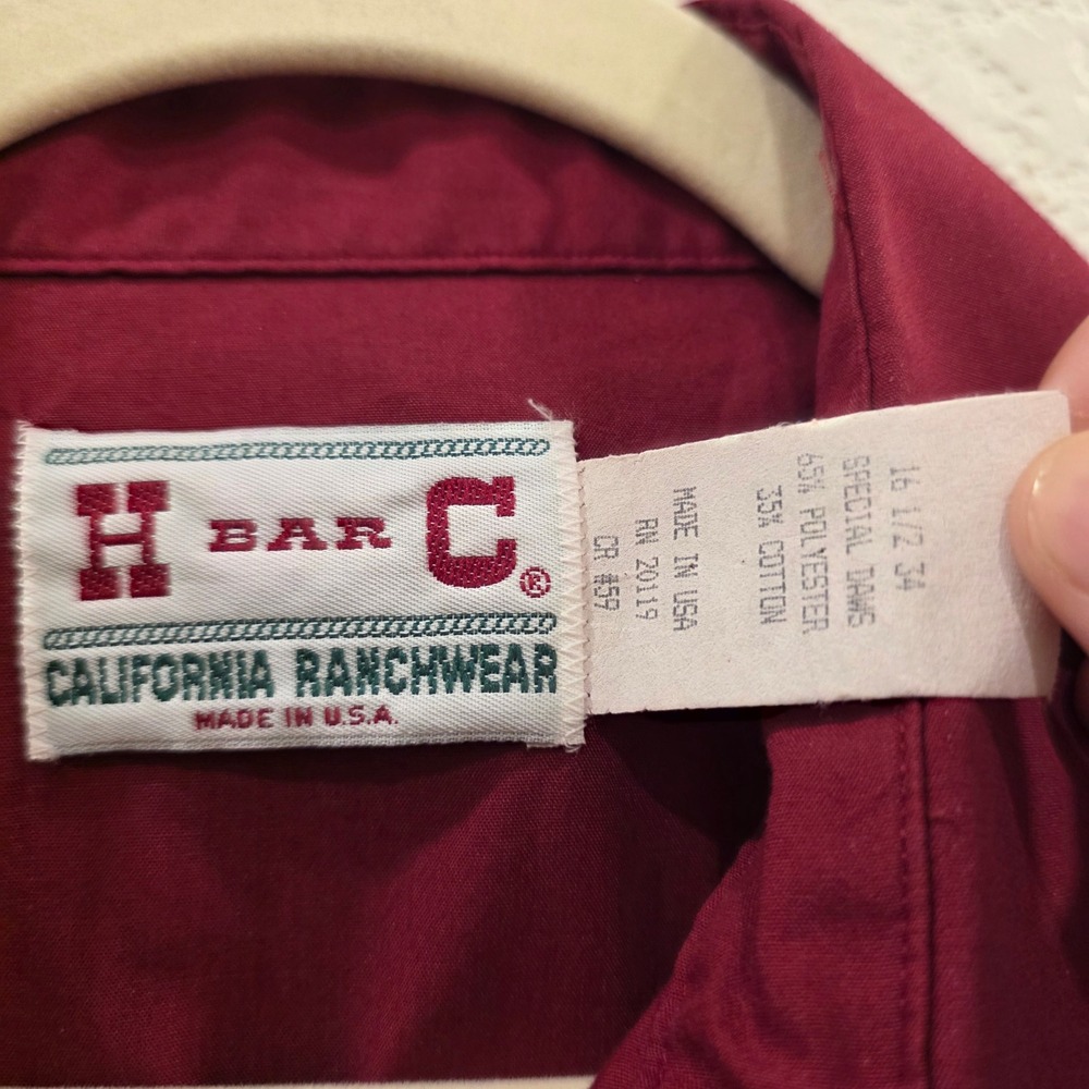 VTG H Bar C California Ranchwear Western Shirt Mens 16.5x34 Burgundy Pearl Snap - Picture 3 of 9